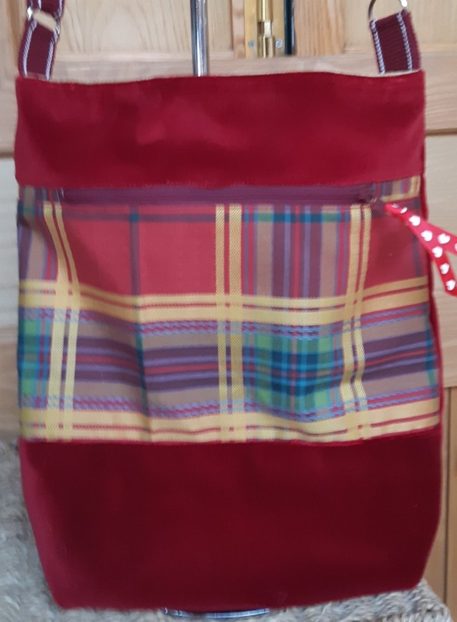 Red velvet and tartan bag