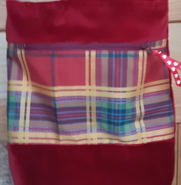 Red velvet and tartan bag