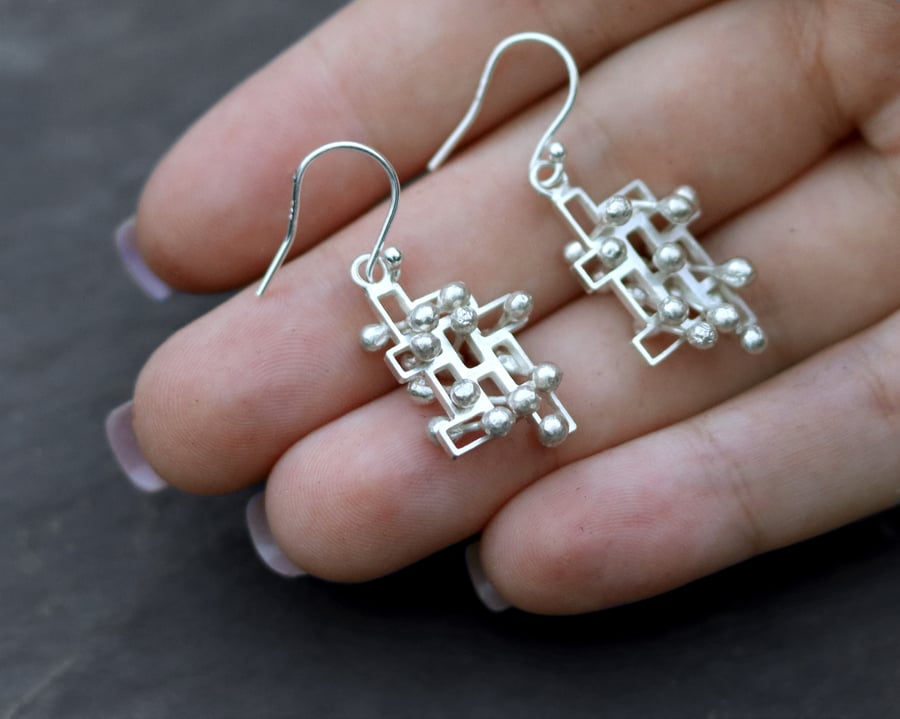 Silver dangly earrings sensory kinetic jewellery style 2. 