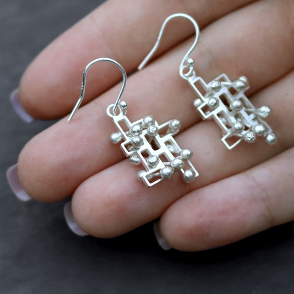Silver dangly earrings sensory kinetic jewellery style 2. 
