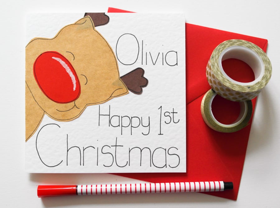 Personalised Reindeer First Christmas Card, Baby's First Christmas Card
