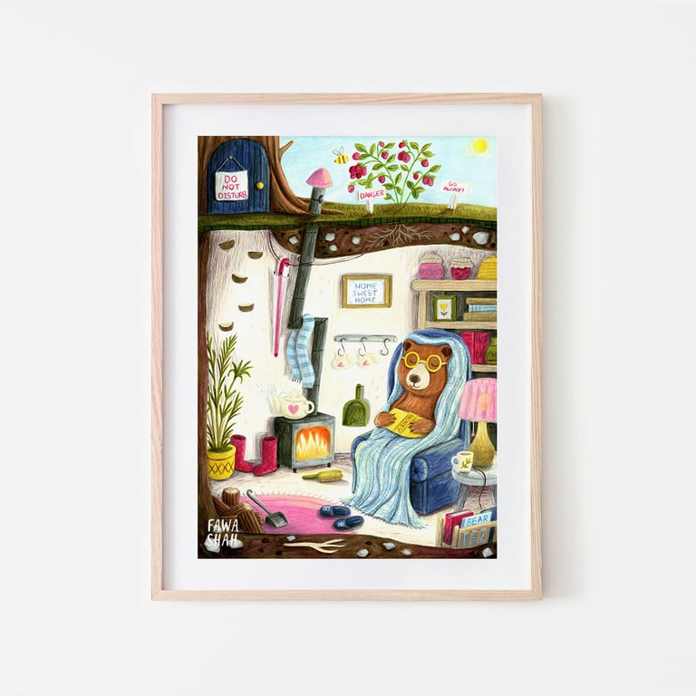 Bear illustration - cosy Bear - bear lover - spring illustration - A4 art print