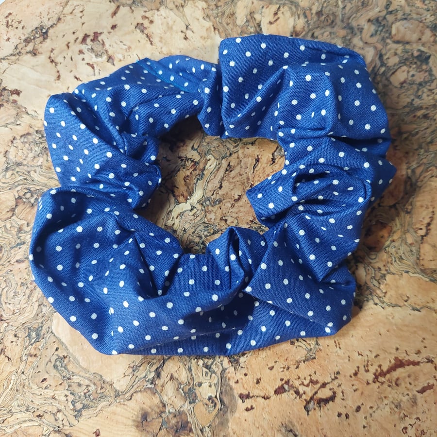 blue and white polka dot scrunchie 