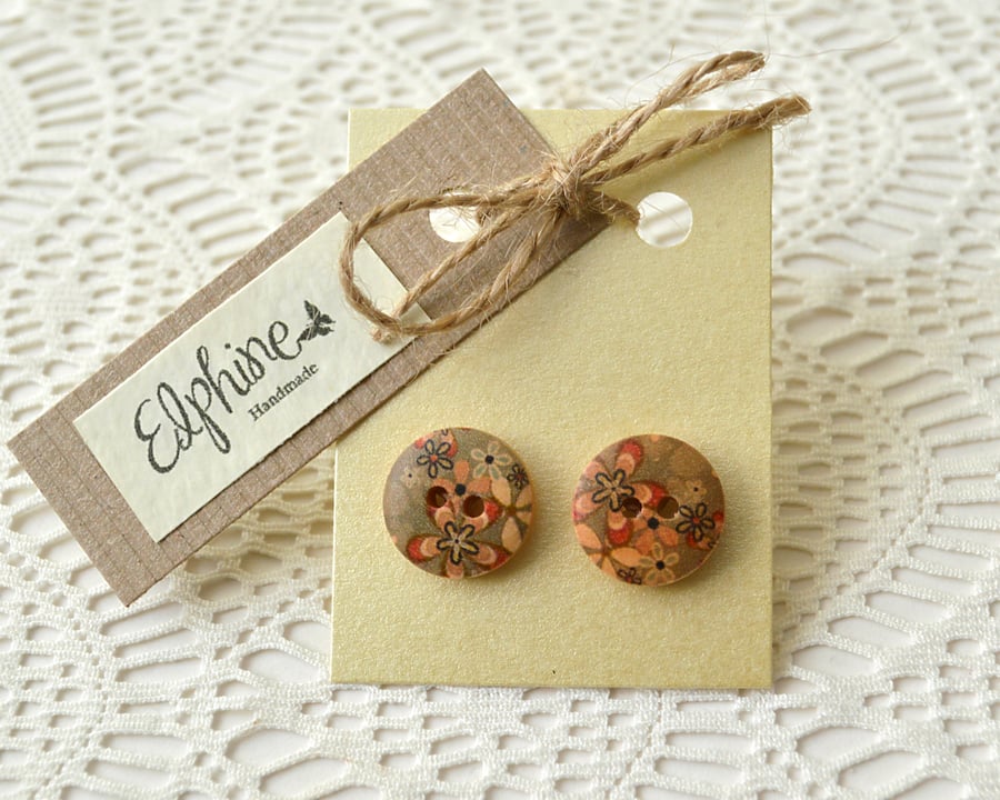 Wooden Button Earrings with Green & Pink Flower Design