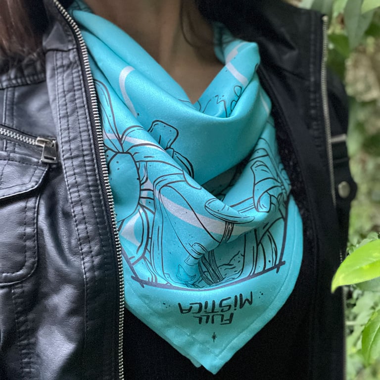 Botanical Print Cotton Satin Bandana, Tropical Magic Turquoise and Cream Necker