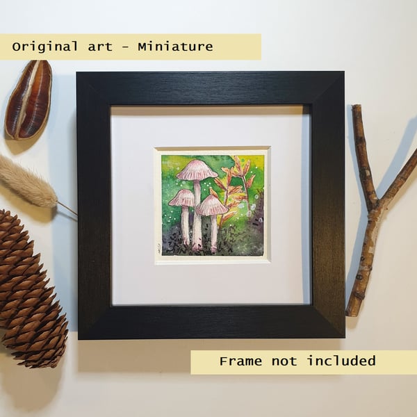Rosy bonnet mushroom miniature, tiny original art