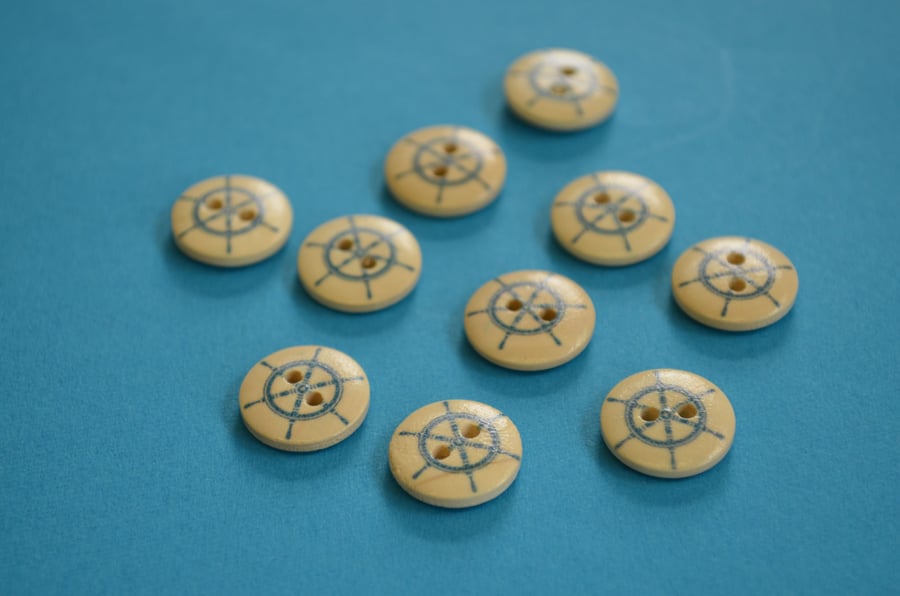 15mm Wooden Ship Wheel Buttons 10pk Nautical Boat Sea Sailing (SNT8)