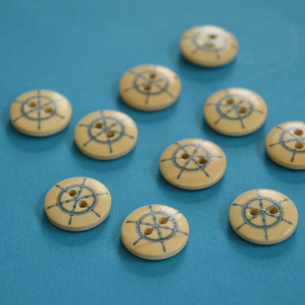 15mm Wooden Ship Wheel Buttons 10pk Nautical Boat Sea Sailing (SNT8)