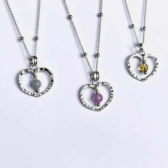 Small Sterling Silver Hammered Heart with Lilac Jade, Aquamarine or Citrine