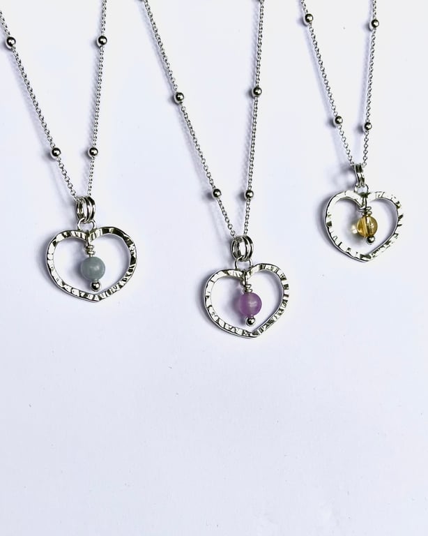 Small Sterling Silver Hammered Heart with Lilac Jade, Aquamarine or Citrine