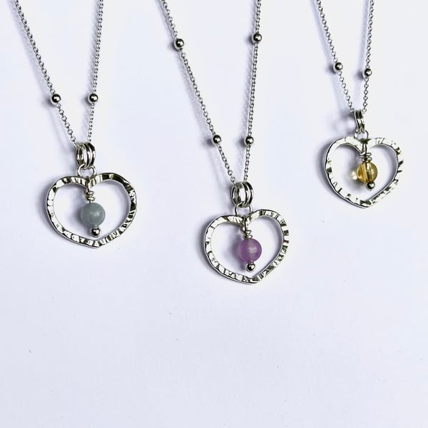 Small Sterling Silver Hammered Heart with Lilac Jade, Aquamarine or Citrine