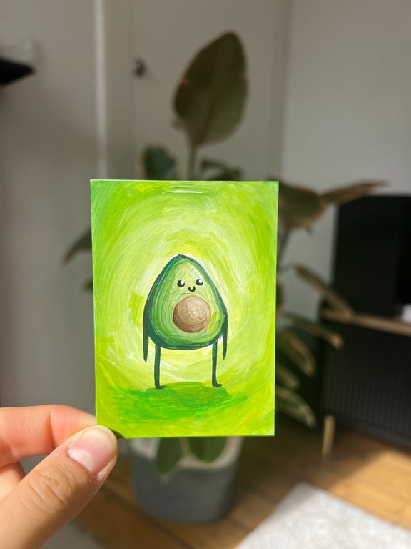 ACEO original - cute avovado on green - acrylic paint - by Holly Rutter