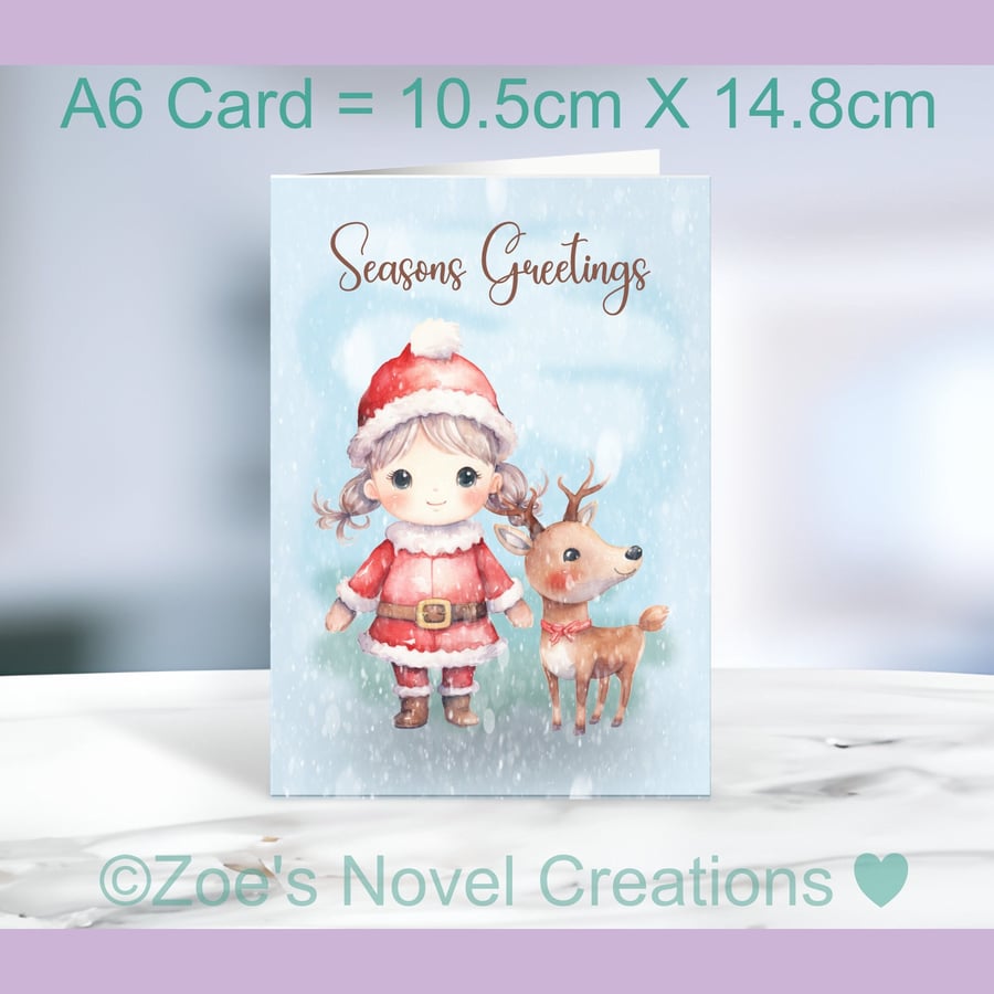 Christmas Card, Girl and Reindeer A6 size 10.5cm X 14.8cm 
