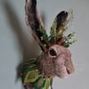 Larger than life needle felted hare head with folklore crown & jester's collar