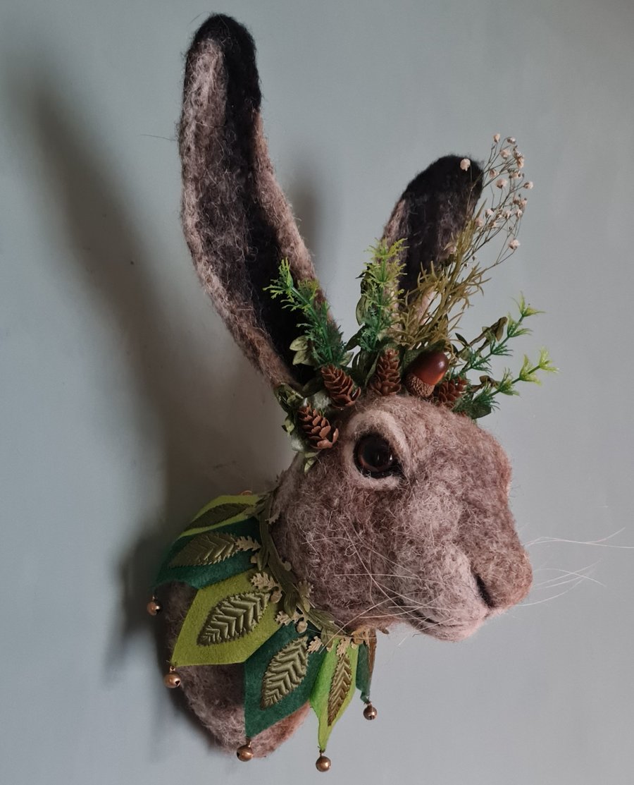 Larger than life needle felted hare head with folklore crown & jester's collar