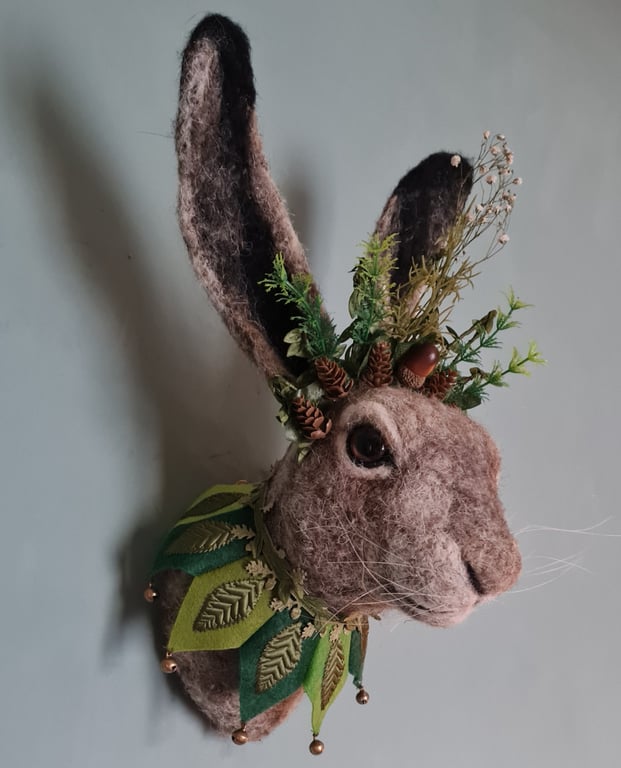 Larger than life needle felted hare head with folklore crown & jester's collar