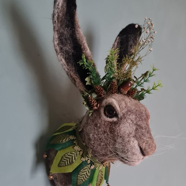 Larger than life needle felted hare head with folklore crown & jester's collar