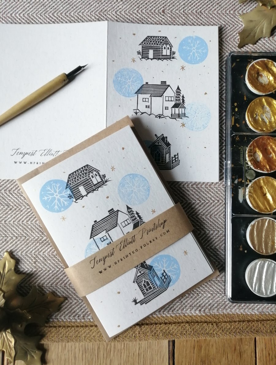 Pack of 5 Scandi Lino Print Christmas Cards with silver stars