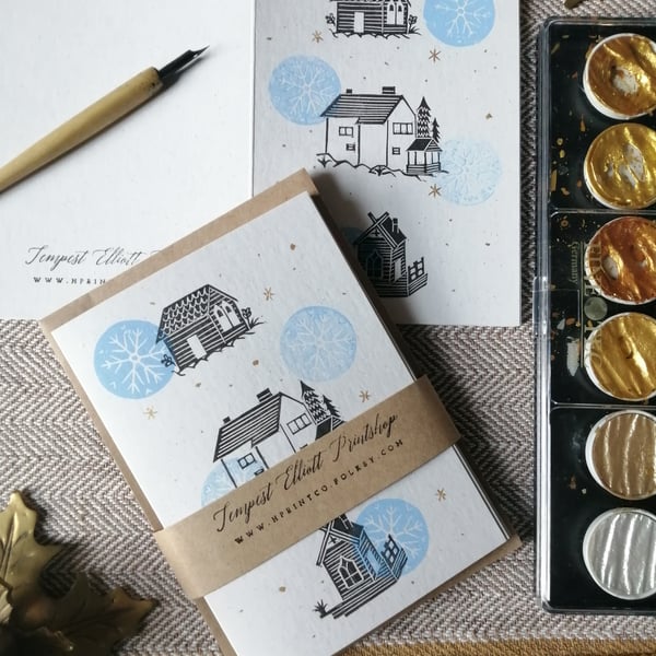 Pack of 5 Scandi Lino Print Christmas Cards with silver stars