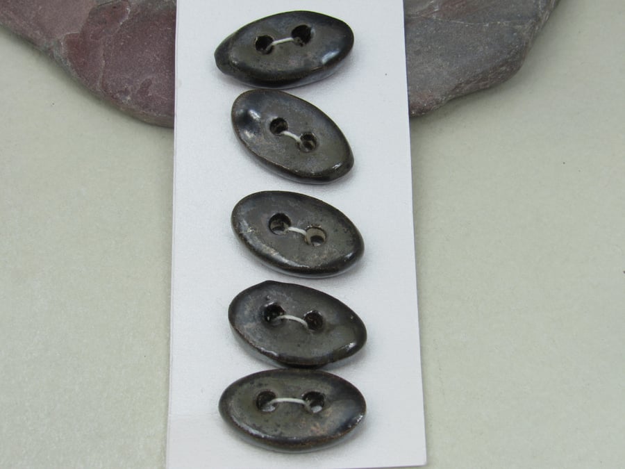 5 Small Oval Obsidian Ceramic Buttons