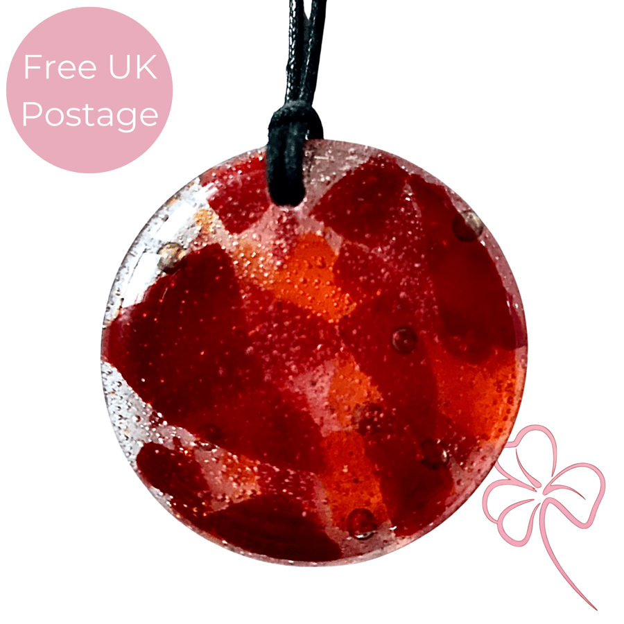 Red and Orange Round Fused Glass Pendant Necklace 