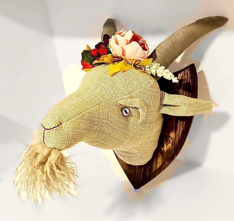 Handmade goats head, made in calicos and hessians.