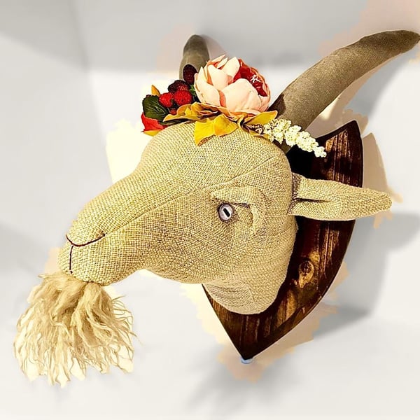 Handmade goats head, made in calicos and hessians.
