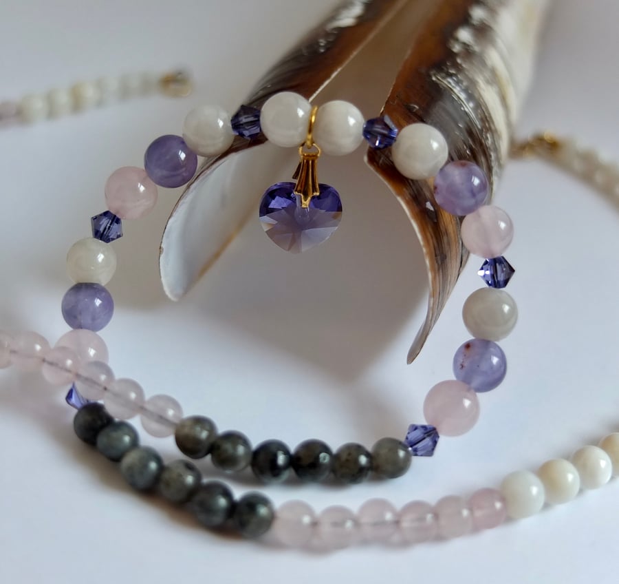 Swarovski "Tanzanite" Crystal Heart, Rose Quartz, Labradorite and Shell Necklace