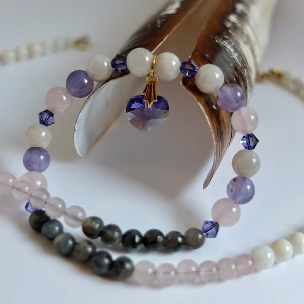 Swarovski "Tanzanite" Crystal Heart, Rose Quartz, Labradorite and Shell Necklace