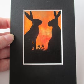 ACEO Bunny Rabbit silhouette original miniature painting mounted affordable art