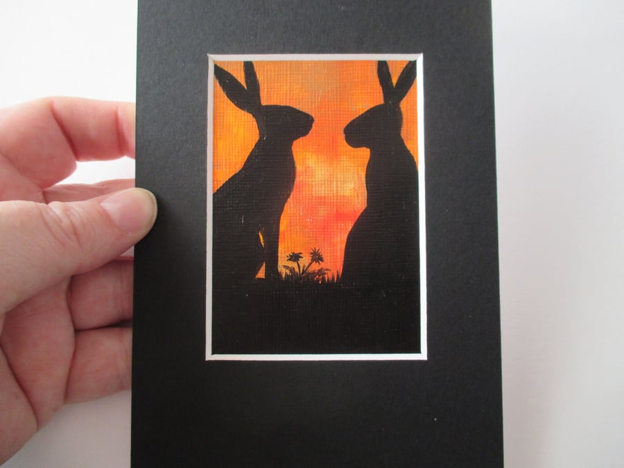 ACEO Bunny Rabbit silhouette original miniature painting mounted affordable art