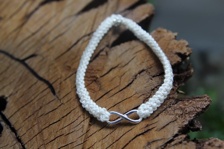 Cream Cotton Bracelet with Silver Infinity, Cotton Anniversary, 2nd Anniversary