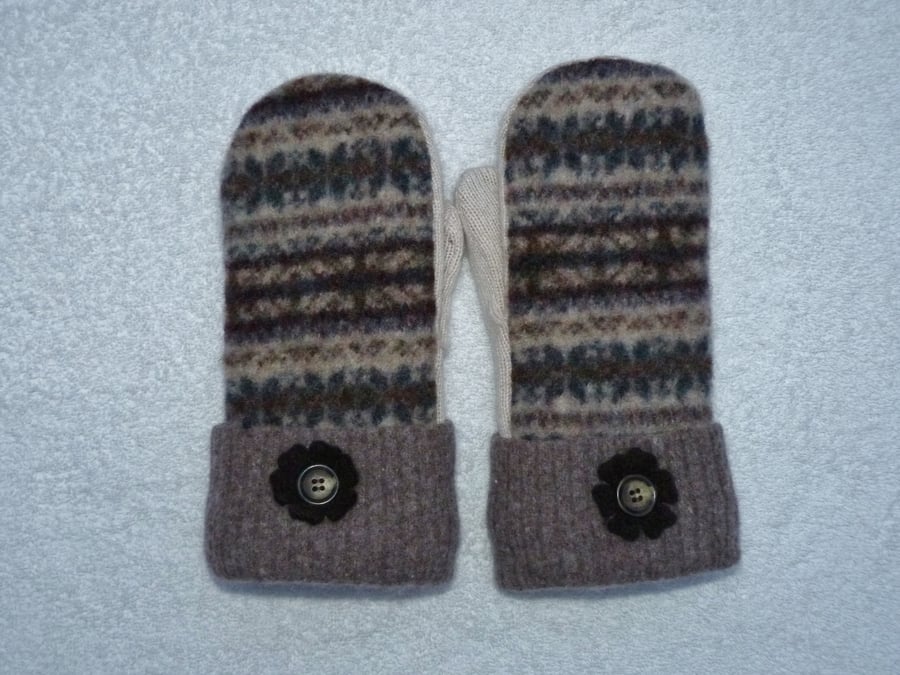 Mittens Created from Up-cycled Wool Jumpers. Fair Isle. Fully Lined. Cream Palm.