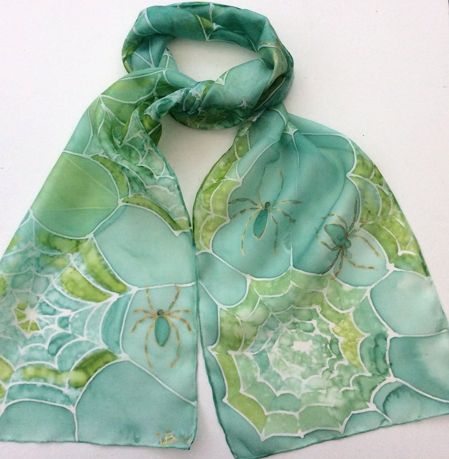 Green Spider's Web hand painted silk scarf
