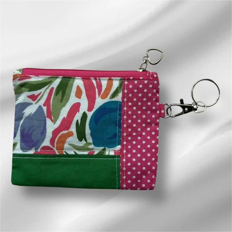 Quilt Patchwork small coins purse in hot Pink and green
