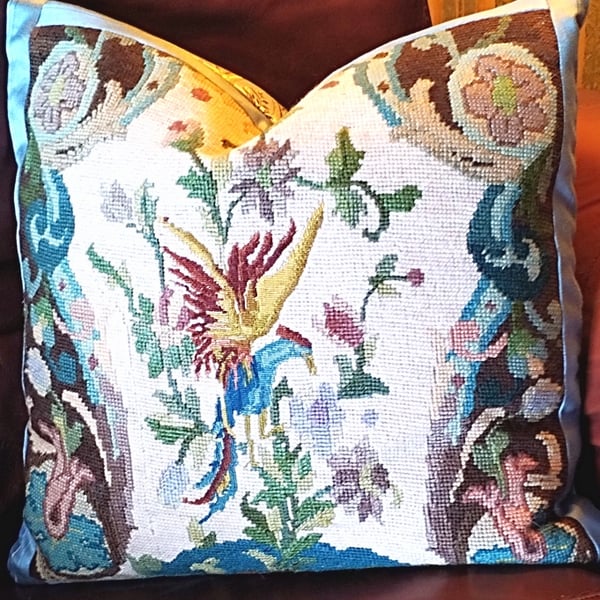 Vintage up-cycled Hand sewn Phoenix Tapestry - Cushion with Duck Feather Inner