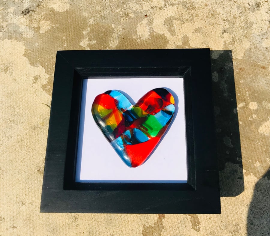 Fused glass cast heart in box frame 