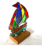 Stained Glass Sailboat On Wooden Stand Rainbow Yacht  Handmade gift  - Image 4