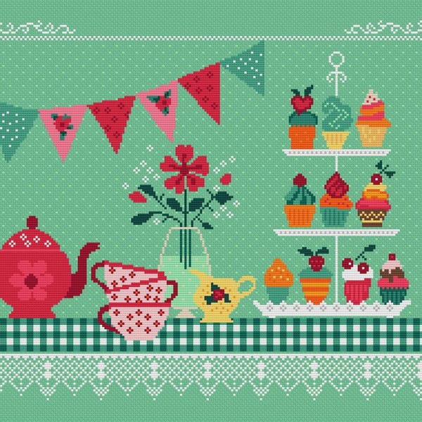 199 - Tea Party & Cup Cakes - Classic British Summer Garden Party - CS Pattern
