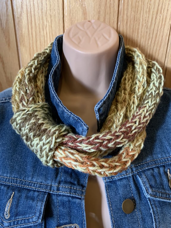 Hand Knitted Brown Yellow Scarf Infinity Loop pop on neck warmer