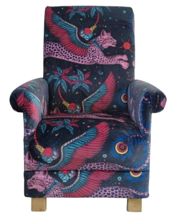 Emma Shipley Lynx Navy Blue Velvet Fabric Adult Chair Armchair Accent Cats Pink 