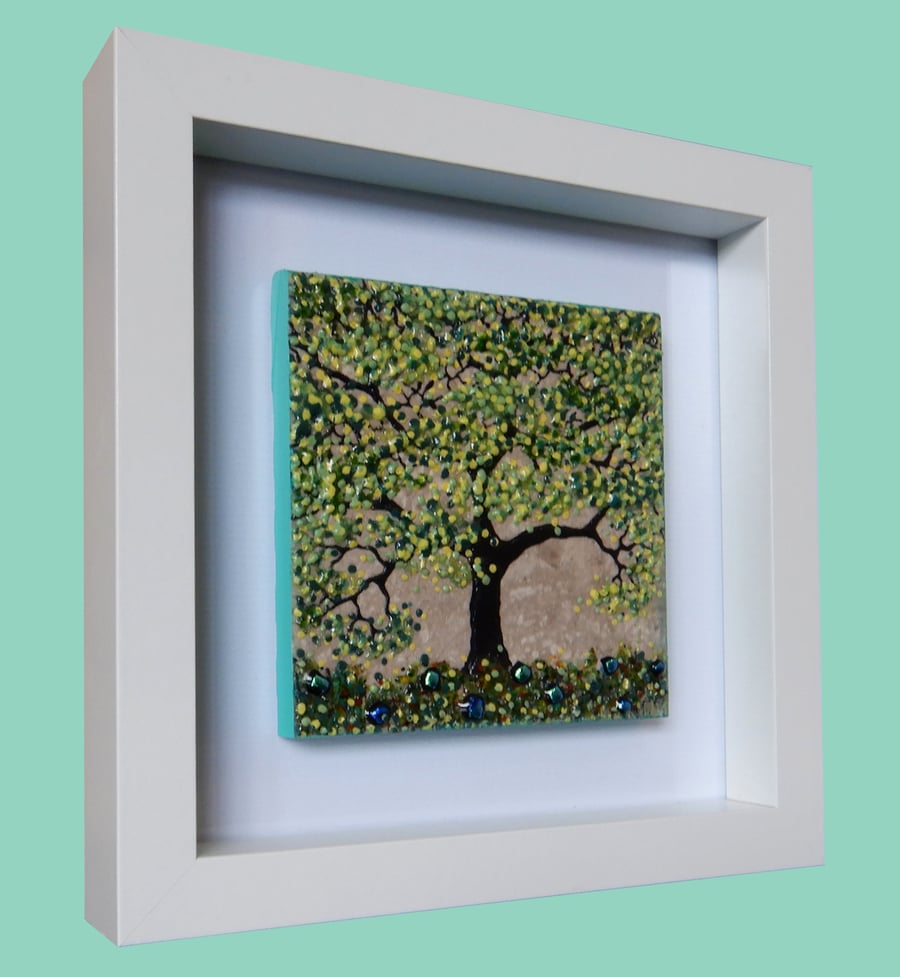 HANDMADE FUSED GLASS ON CERAMIC 'SPRING TREE'' PICTURE