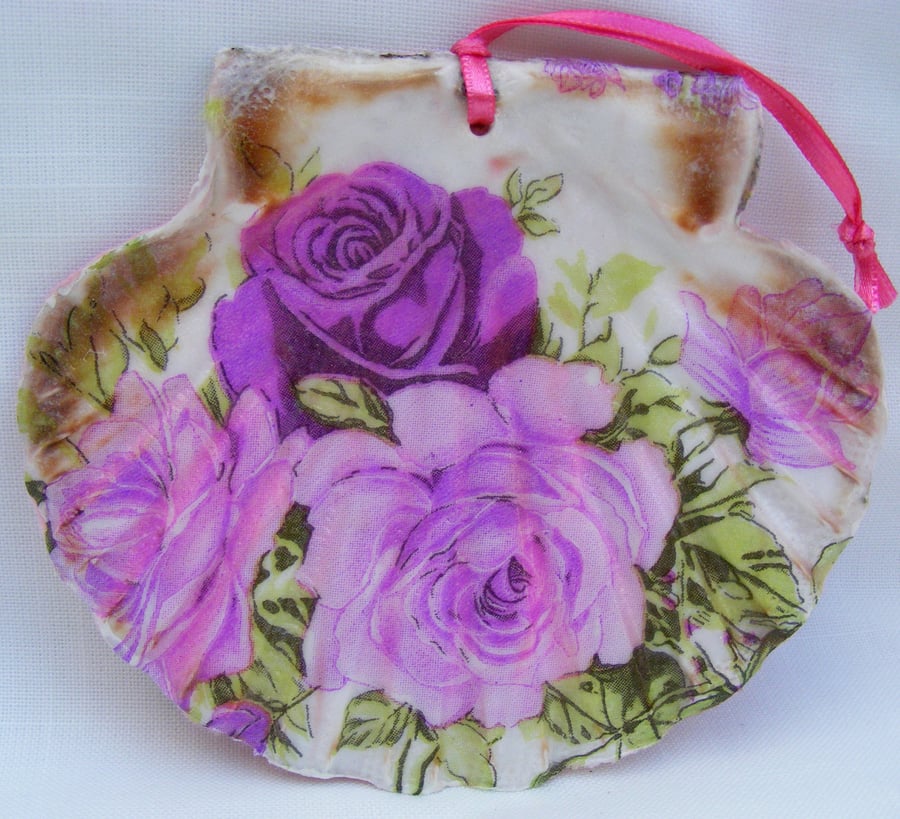 Pink Roses Decoupaged flat scallop shell wall decoration.