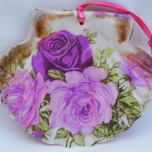 Pink Roses Decoupaged flat scallop shell wall decoration.