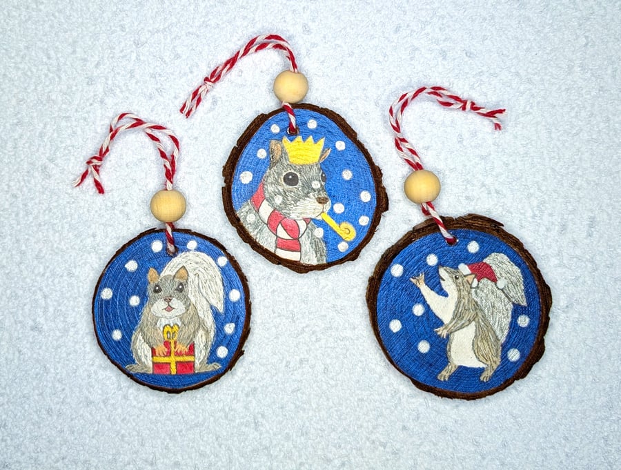 Set of 3 Hand Painted Squirrel Christmas Tree Ornaments
