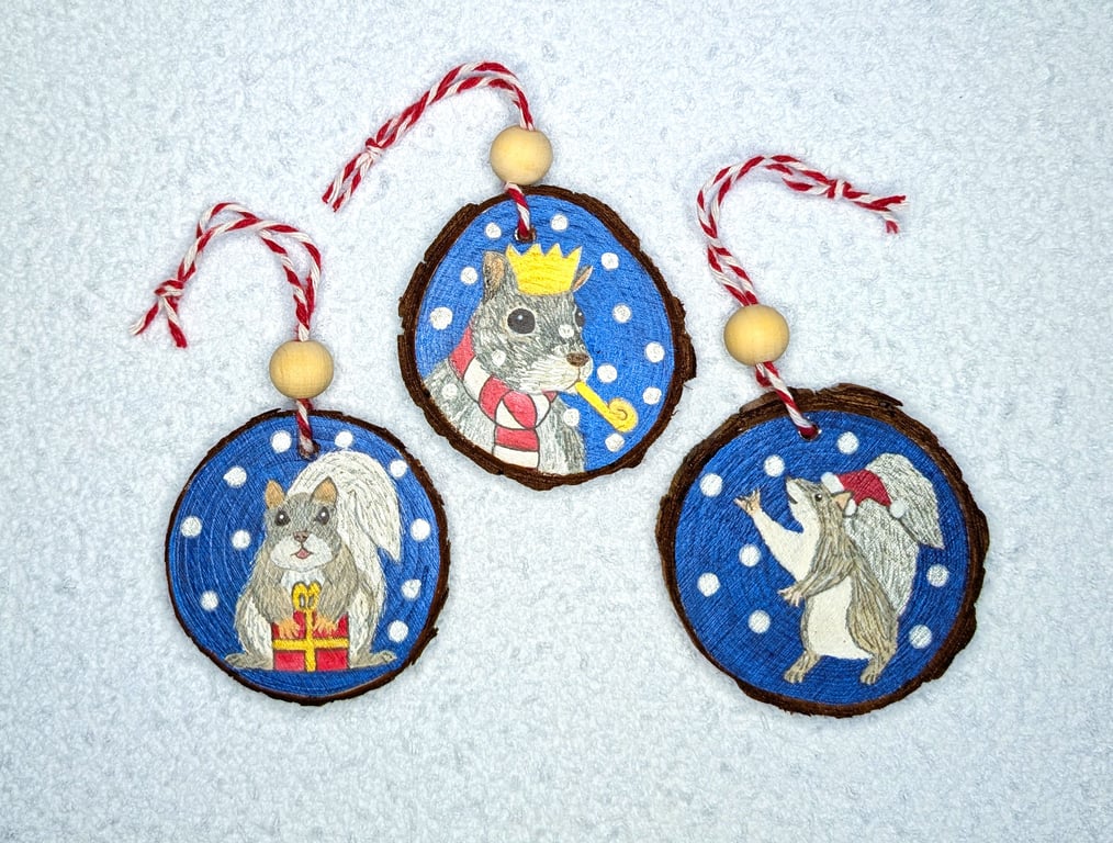 Set of 3 Hand Painted Squirrel Christmas Tree Ornaments