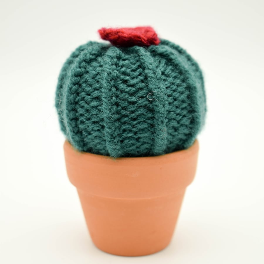 SOLD Hand knitted Cactus with red flower Pin cushion
