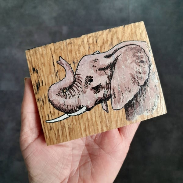 Hand Painted Reclaimed Mini Whisky Barrel Stave - Elephant