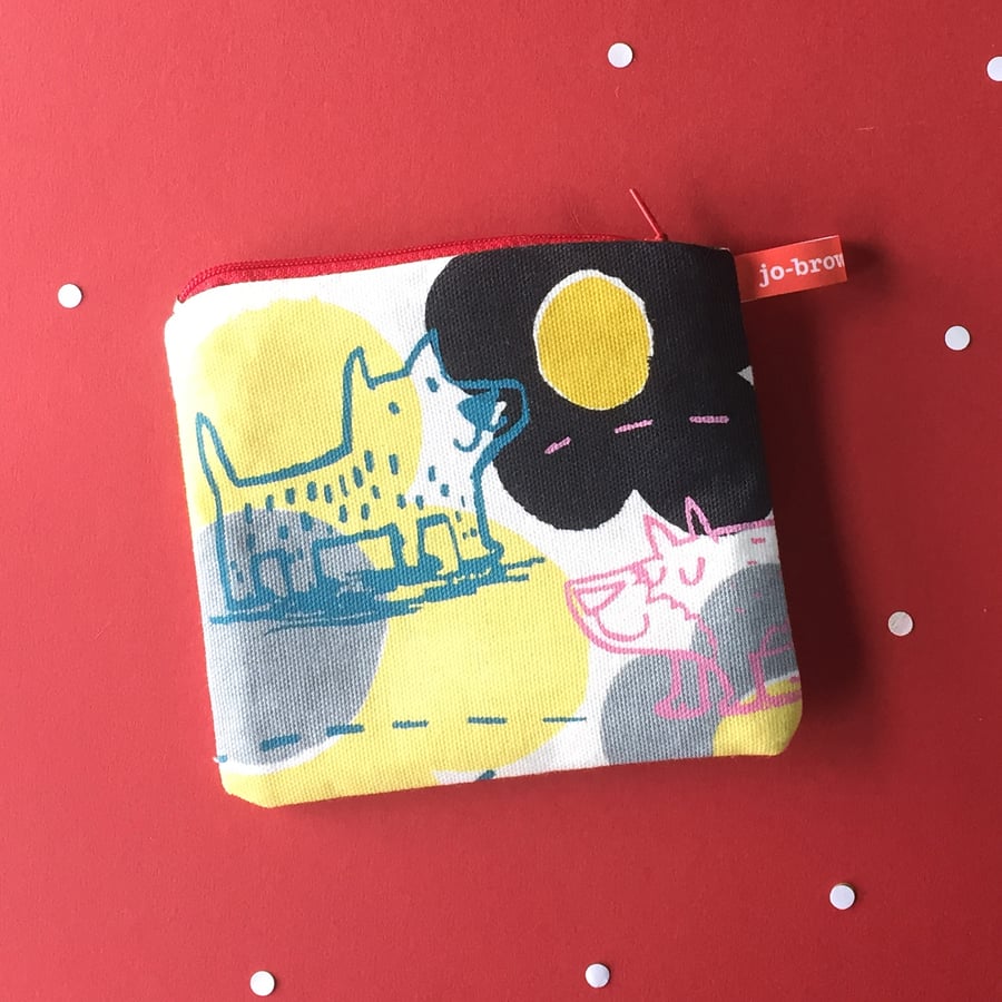 Coin or card purse with screen printed happy dogs design by Jo Brown Happytomato