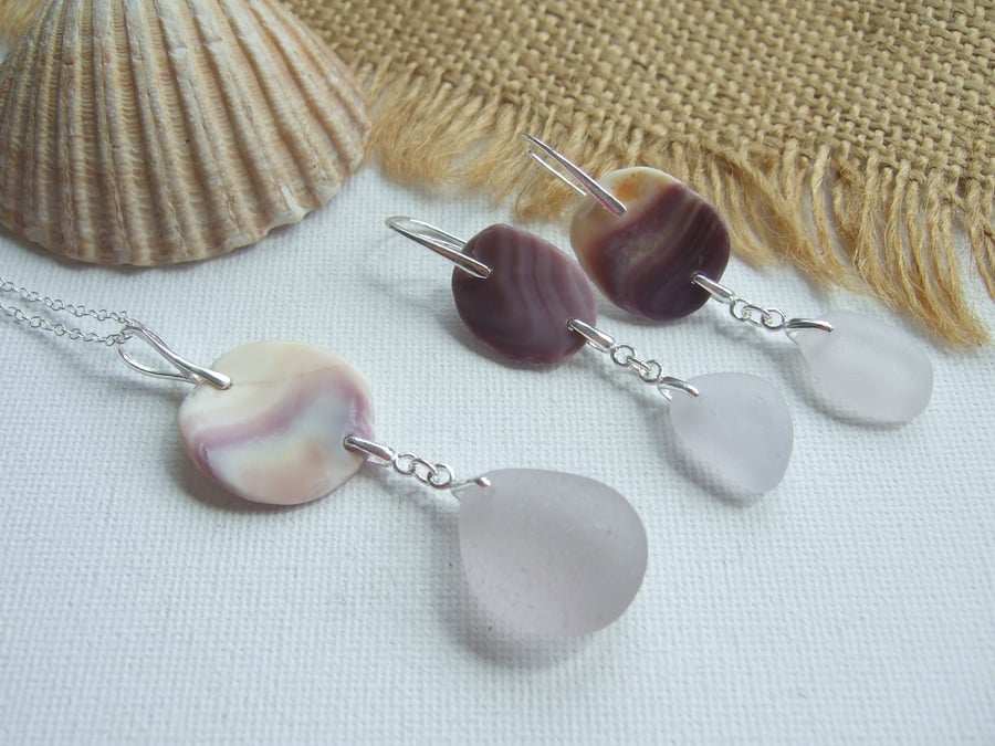 Wampum lavender sea glass jewelry, beach glass jewellery set, necklace earrings